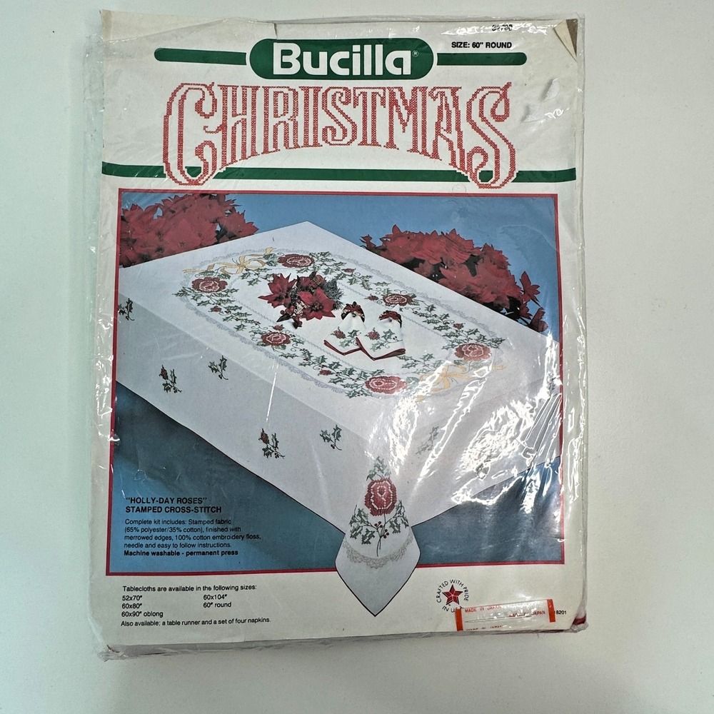 BUCILLA Christmas Holly-Day Roses Cross-Stitch 60" Round Tablecloth Kit #82780